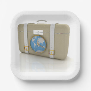 Vintage Travel Suitcase Clock World Map Paper Plate