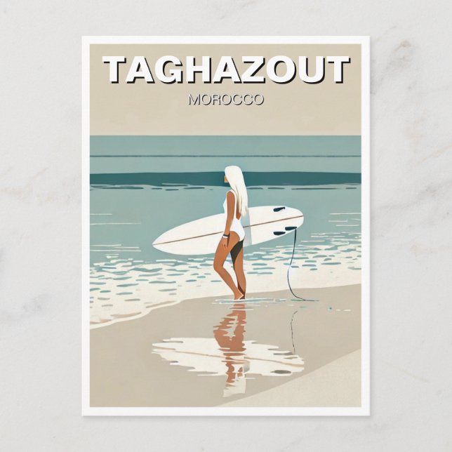 Vintage Travel Surfing in Taghazout Surfer Girl Postcard (Front)