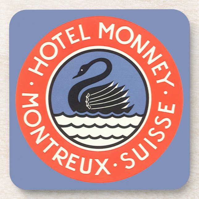Vintage Travel, Swan Bird Hotel Monney Switzerland Coaster (Front)