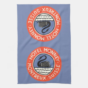 Vintage Travel, Swan Bird Hotel Monney Switzerland Tea Towel