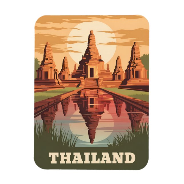 Vintage Travel Thailand Buddhist Temple Sunset Magnet (Vertical)