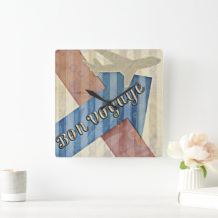 Vintage Travel Theme Aeroplane Square Wall Clock