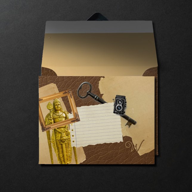 Vintage Travel Theme Masculine Collage Antique Key Envelope (Unique vintage-inspired envelope with rustic, travel-themed collage and masculine design.)