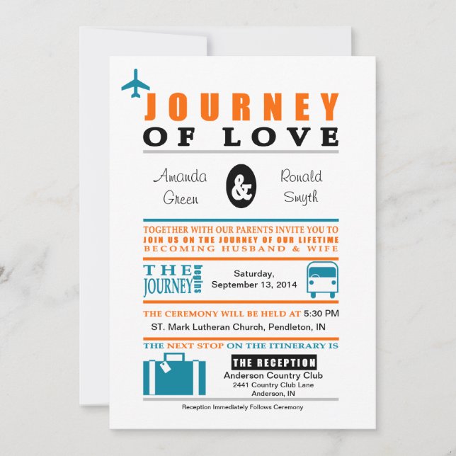 Vintage Travel Themed Invitation - Teal & Orange (Front)
