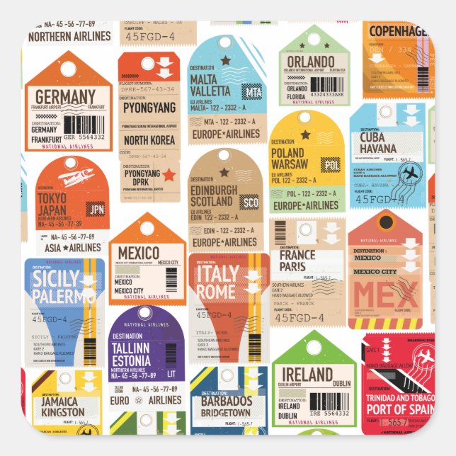 Vintage travel tickets pattern. square sticker (Front)