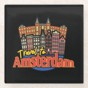 Vintage Travel to Amsterdam Netherlands Logo Glass Coaster