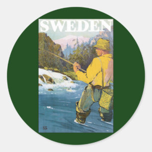 Vintage Travel to Sweden, Fisherman Sports Fishing Classic Round Sticker