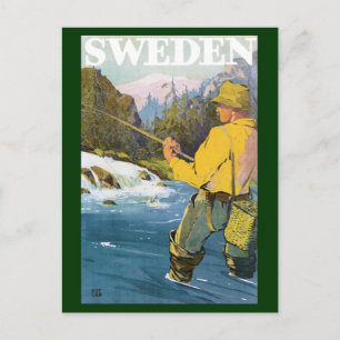 Vintage Travel to Sweden, Fisherman Sports Fishing Postcard