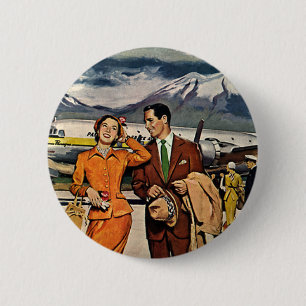 Vintage Travel, Tourists at Panagra Airport Tarmac 6 Cm Round Badge