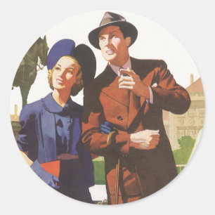 Vintage Travel, Tourists on Vacation Sightseeing Classic Round Sticker