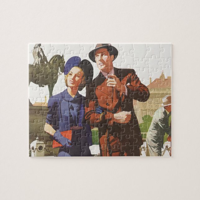 Vintage Travel, Tourists on Vacation Sightseeing Jigsaw Puzzle (Horizontal)