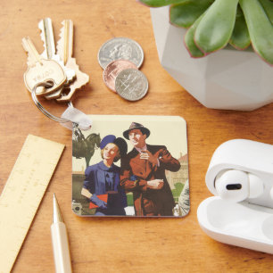 Vintage Travel, Tourists on Vacation Sightseeing Key Ring