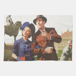 Vintage Travel, Tourists on Vacation Sightseeing Tea Towel
