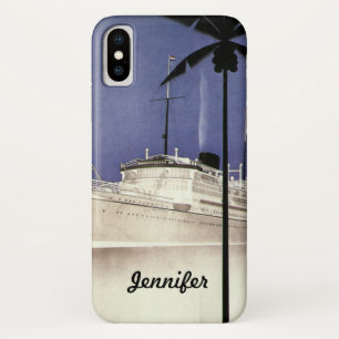 Vintage Travel Tropical Cruise Ship and Palm Trees iPhone X Case
