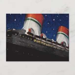 Vintage Travel, Vacation on a Cruise Ship at Night Postcard