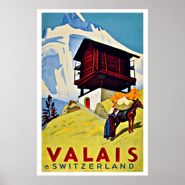Vintage Travel Valais Switzerland Farmhouse Poster (Front)