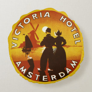 Vintage Travel, Victoria Hotel, Amsterdam, Holland Round Cushion