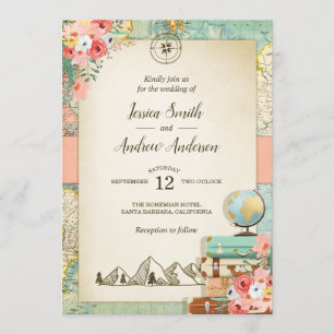 Vintage Travel Wedding Invitation Rustic map Boho