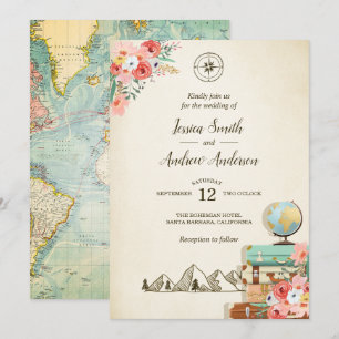 Vintage Travel Wedding Invitation Rustic map Boho