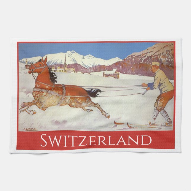 Vintage Travel, Winter in Engadin Switzerland Tea Towel (Horizontal)