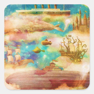 Vintage Travel World Sky Blue Ocean Whales Square Sticker