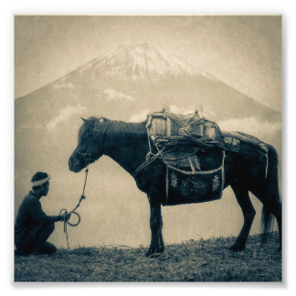 Vintage Traveller and His Horse on way to Mt. Fuj Photo Print