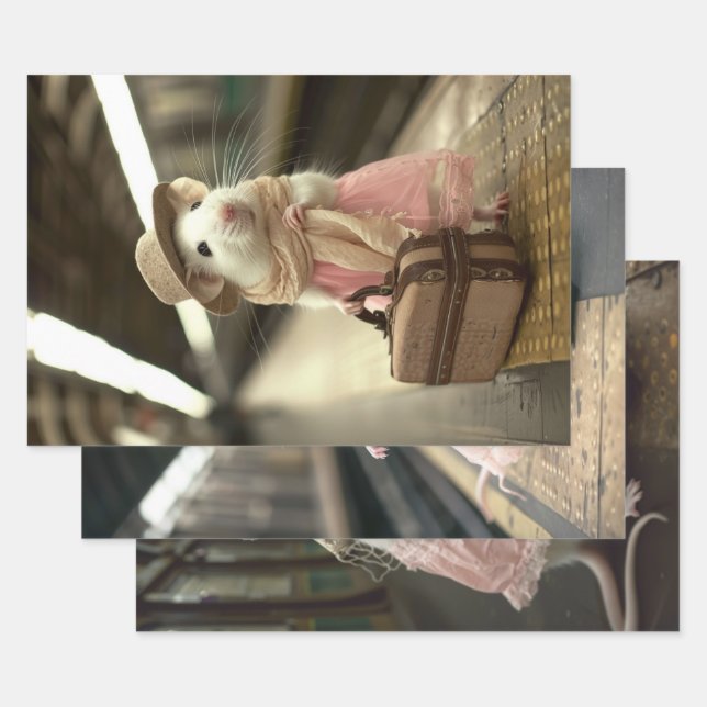 Vintage Travelling Mice Decoupage  Wrapping Paper Sheet (Set)