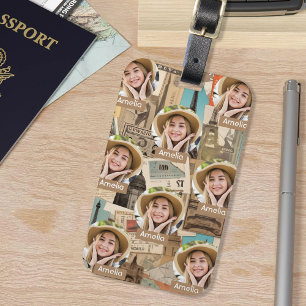 Vintage Travelling Pattern Custom Photo & Name Luggage Tag