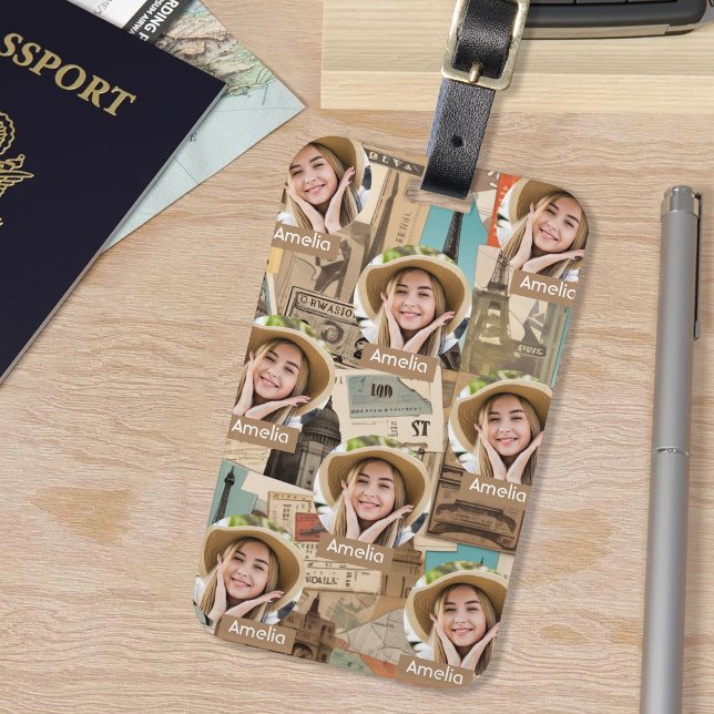 Vintage Travelling Pattern Custom Photo & Name Luggage Tag (Creator Uploaded)