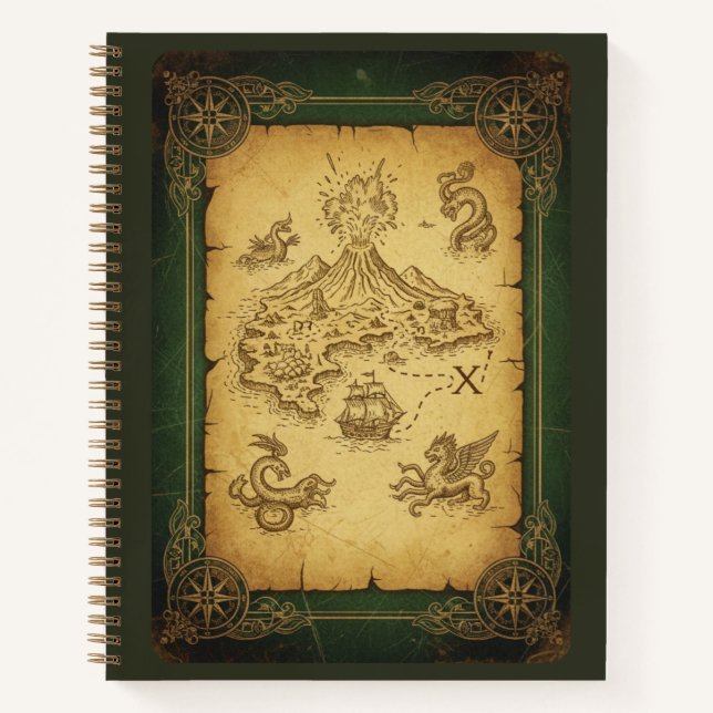Vintage Treasure Map & Mythical Sea Creature Notebook (Front)