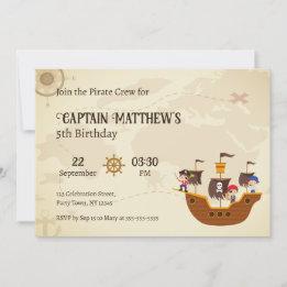 Vintage Treasure Map Pirate Ship Birthday Party Invitation