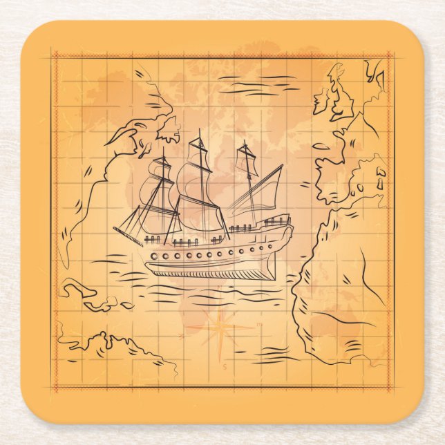 Vintage Treasure Map Themed Coaster Set (Front)