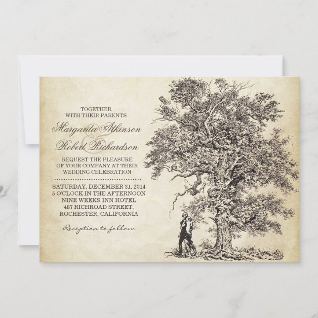 vintage tree and couple unique wedding invitations (Front)