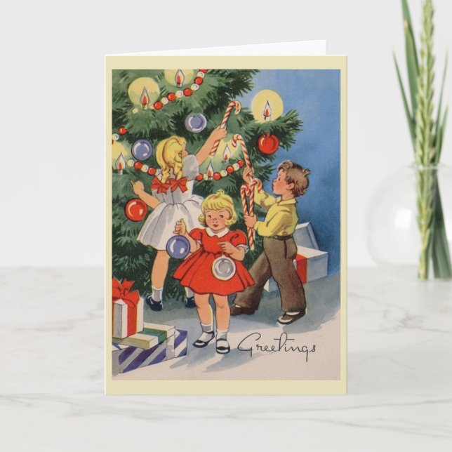 Vintage Tree Decorating Christmas Card (Front)