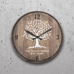 Vintage Tree Family Established Family Name Rustic Large Clock