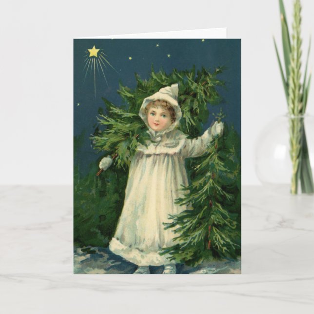 Vintage Tree Farm Girl Holiday Card (Front)