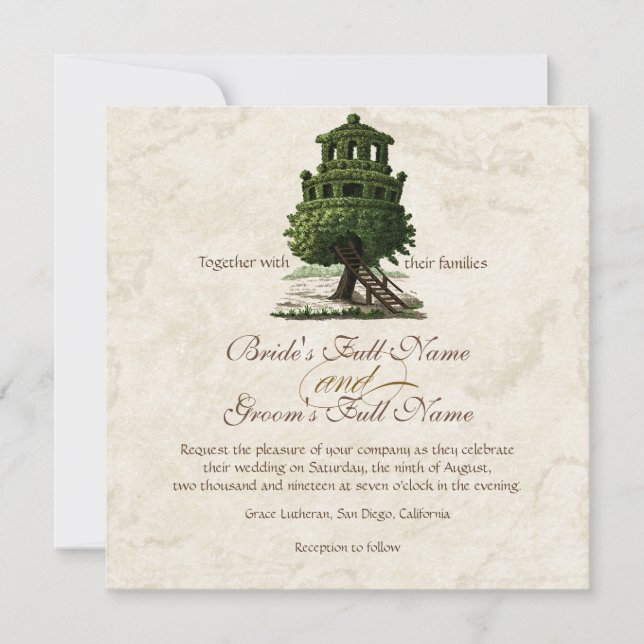 Vintage Tree House Fun Antiqued Parchment Wedding Invitation (Front)