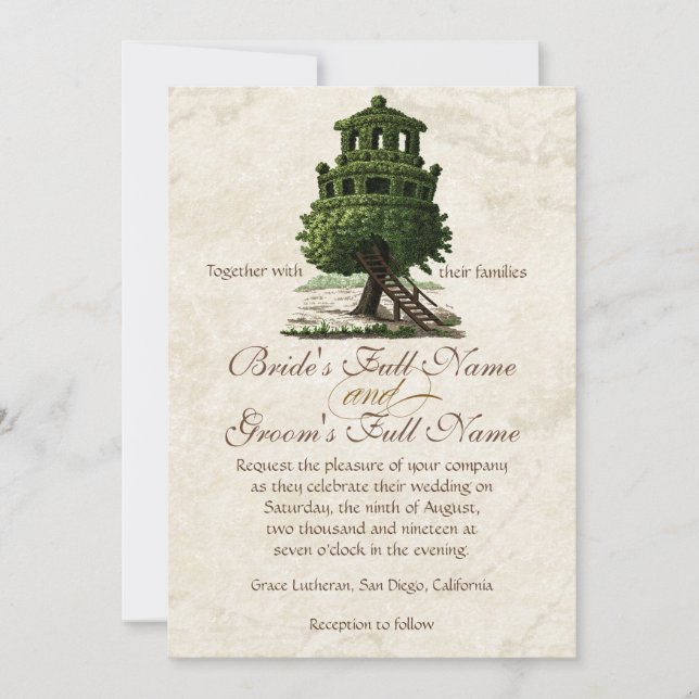 Vintage Tree House Fun Antiqued Parchment Wedding Invitation (Front)