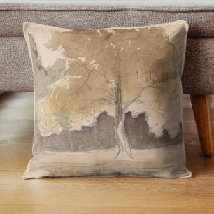 Vintage Tree Landscape Watercolor, Neutral Cottage Cushion