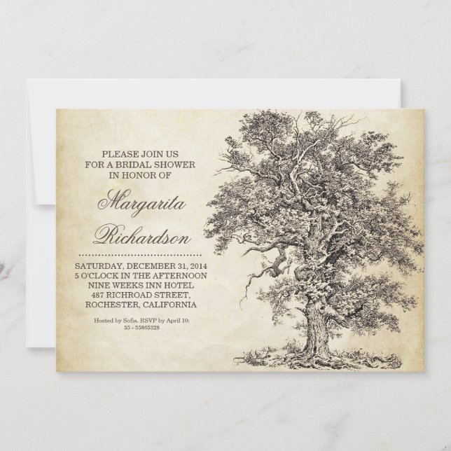 vintage tree old aged bridal shower invitations (Front)