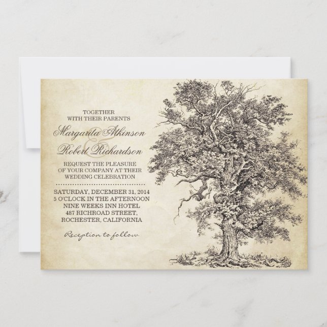 vintage tree old aged wedding invitations (Front)