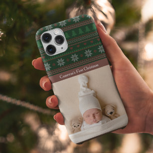 Vintage Tree Pattern Baby's First Christmas Photo iPhone 14 Case