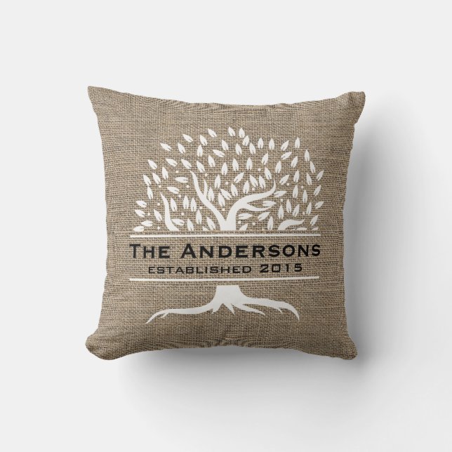 Vintage Tree Rustic Burlap Family Name Established Cushion (Front)