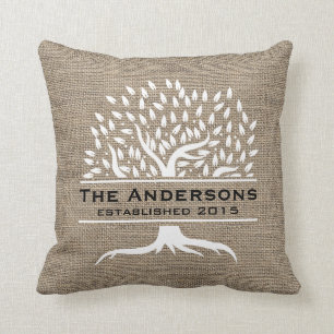 Vintage Tree Rustic Burlap Family Name Established Cushion