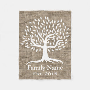 Vintage Tree Rustic Burlap Family Name Established Fleece Blanket