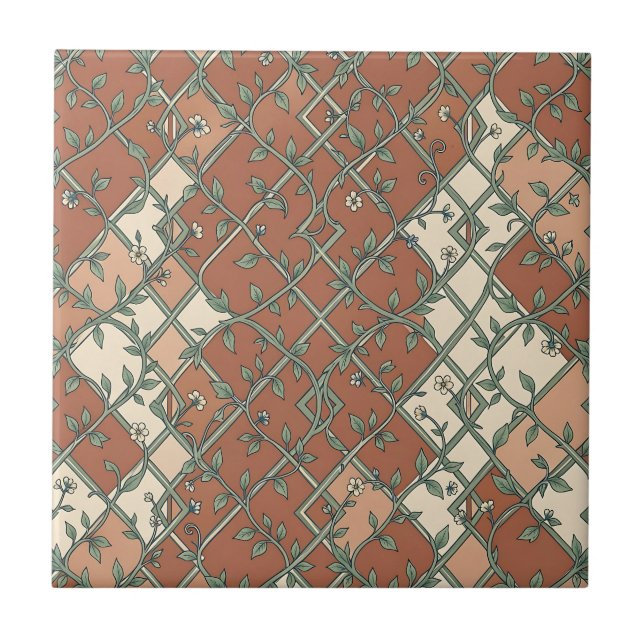 Vintage Trellis Vine Floral Pattern Terracotta Tile (Front)