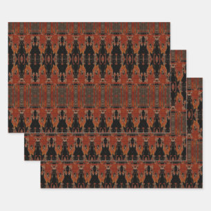 Vintage Tribal Pattern Orange Black Art Bull Skull Wrapping Paper Sheet