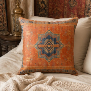 Vintage Tribal Rug Blue Star Medallion and Orange Cushion