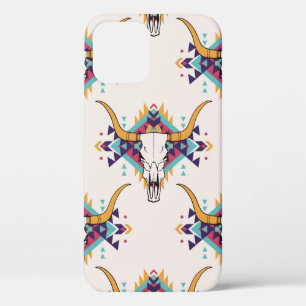 vintage tribal seamless pattern with bull skull an iPhone 12 case