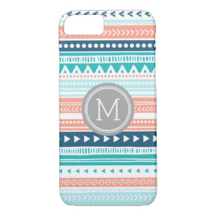 Vintage Tribal Stripes Pattern Coral Blue Monogram iPhone 8/7 Case